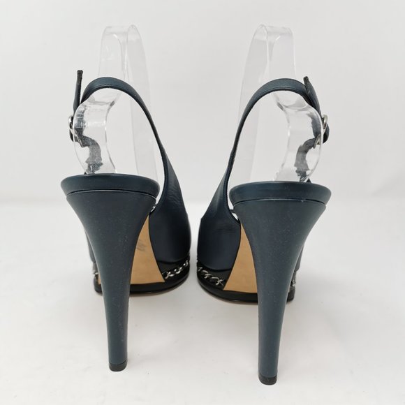 CHANEL Navy Blue Leather Chain Link Slingback Peep Toe Pumps Heels - Picture 9 of 11